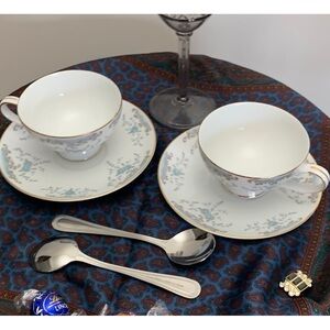 Imperial China by W. Doulton Seville pattern 2 Teacups Set w/Saucers & 2 Spoons